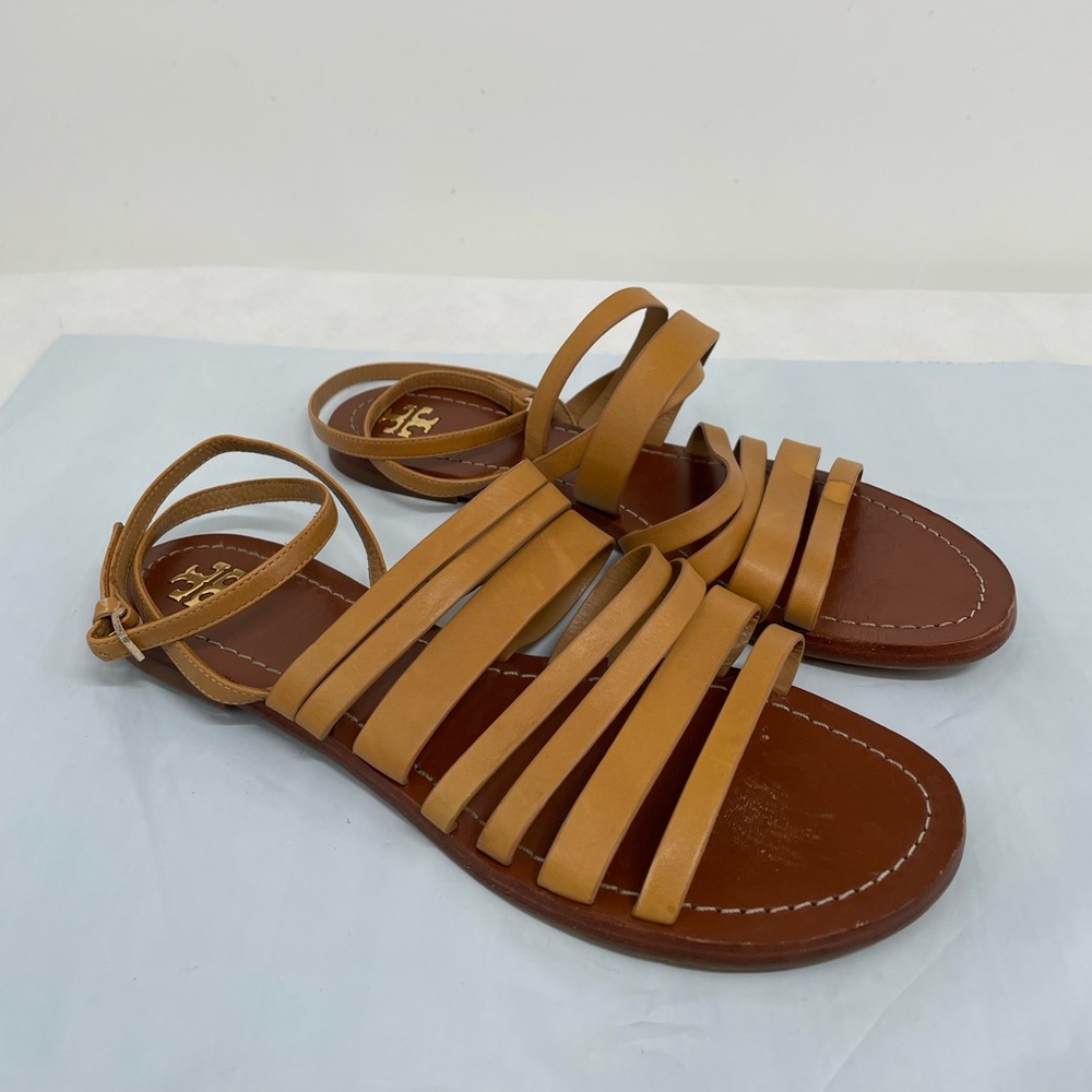 Tory Burch Patos Flat Strappy Sandals Slides Ankle Strap Shoes 11M Tan Leather